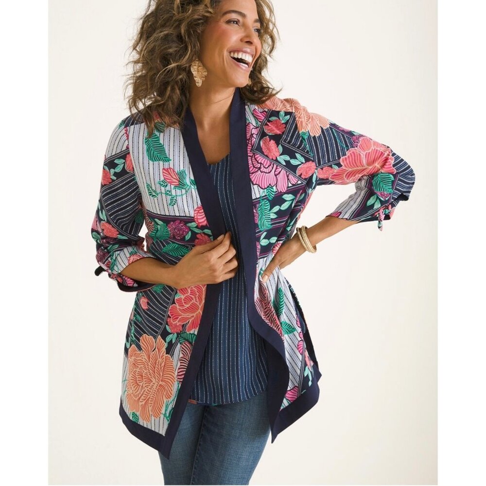Chicos Floral And Striped Tie-Sleeve Open Kimono Size Large